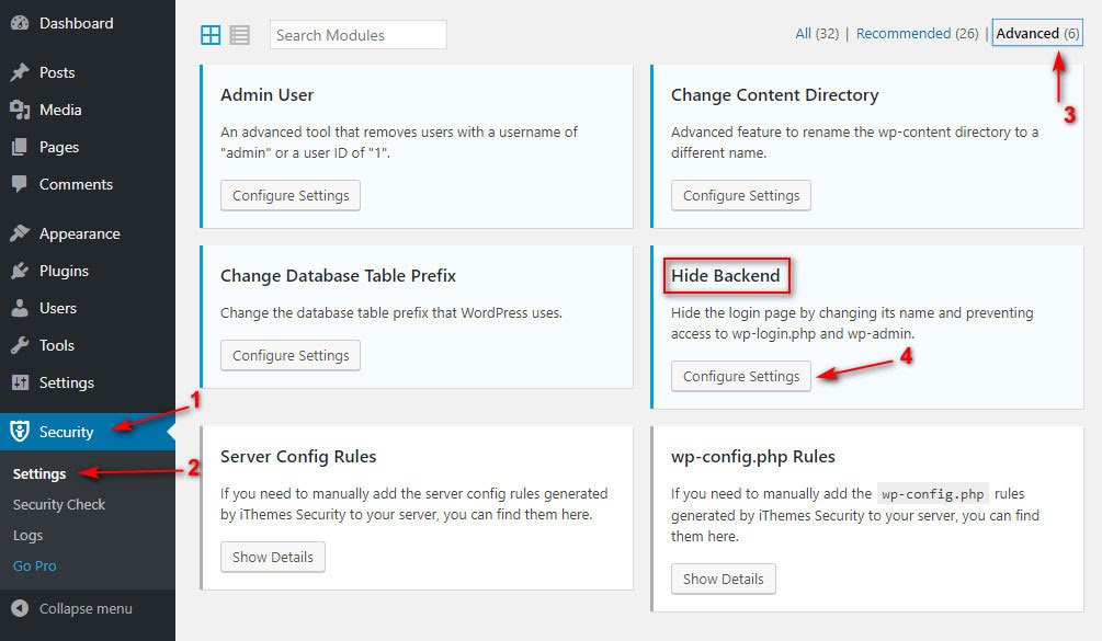 Mở tùy chọn Hide Backend trong plugin iThemes Security