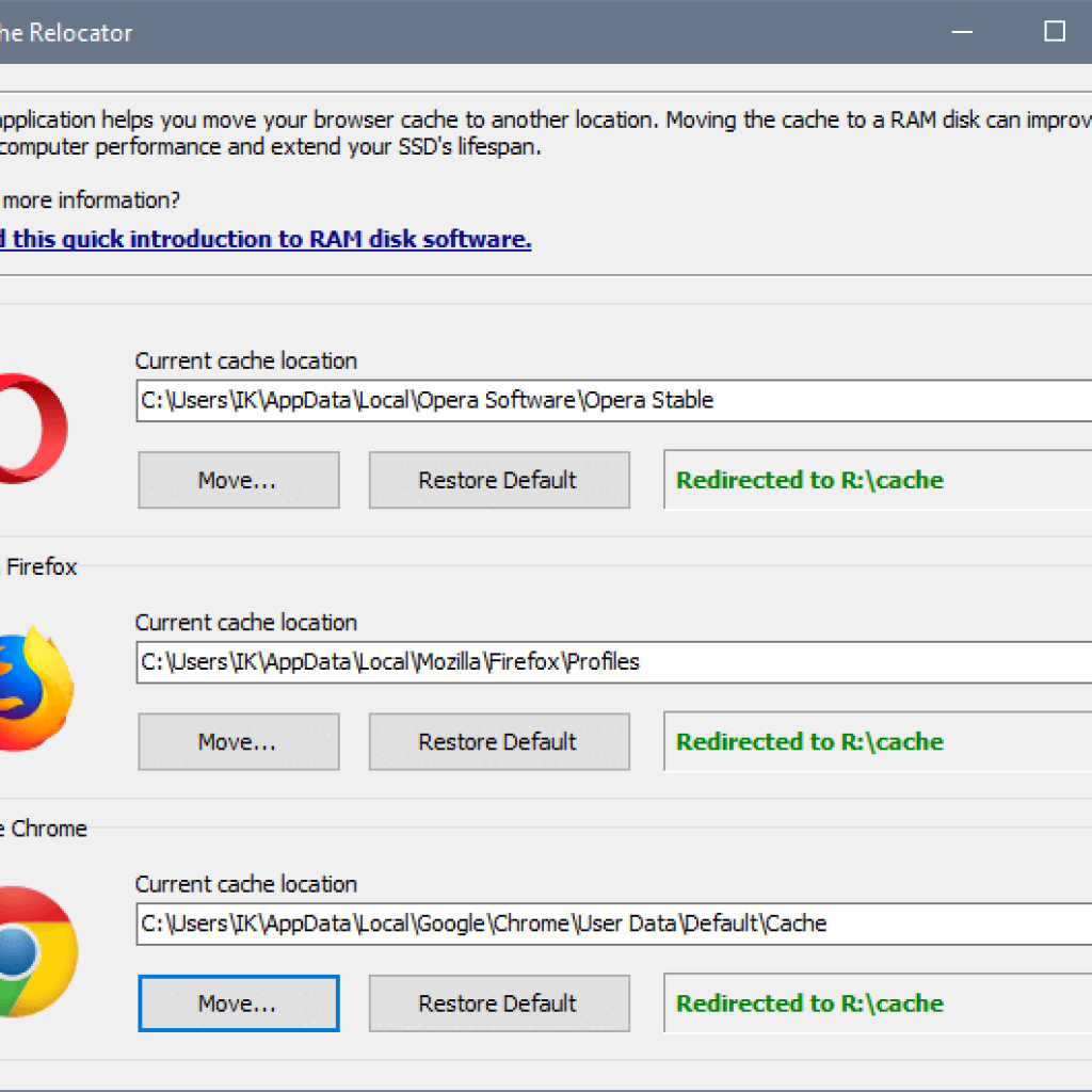 Cache Relocator Main Window