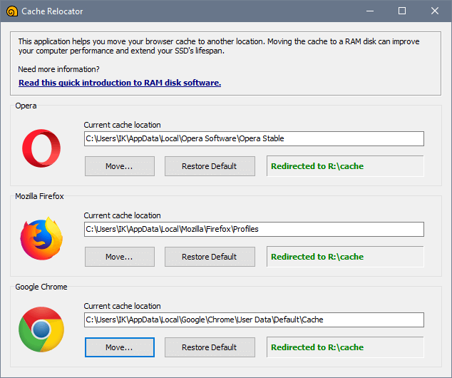 Cache Relocator Main Window